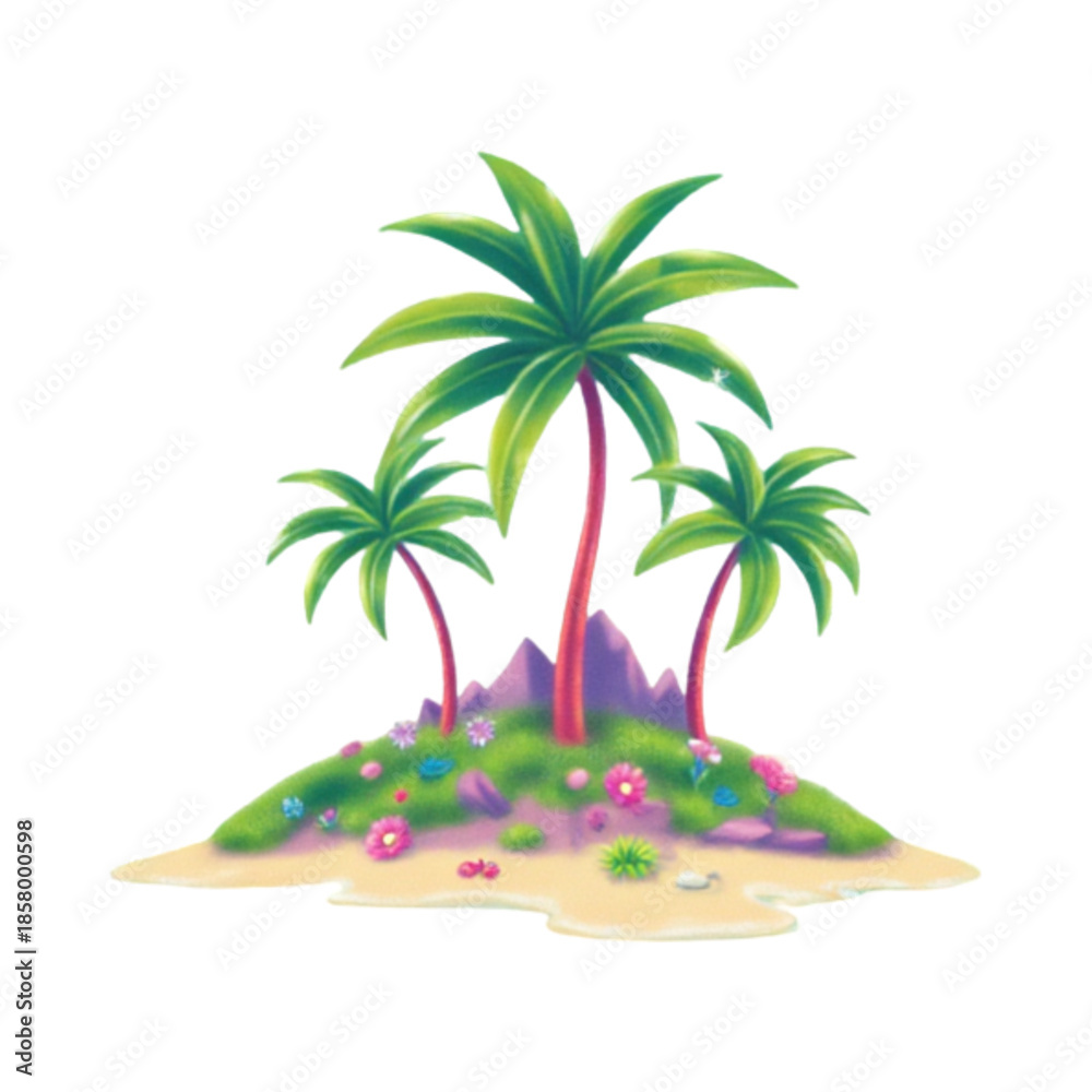 Fototapeta premium Tropical island with palm trees and flowers on a sandy beach