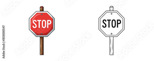 Hand-drawn octagon stop signs in comic style one on a wooden pole in red and one black and white outline representing traffic rules on a white background