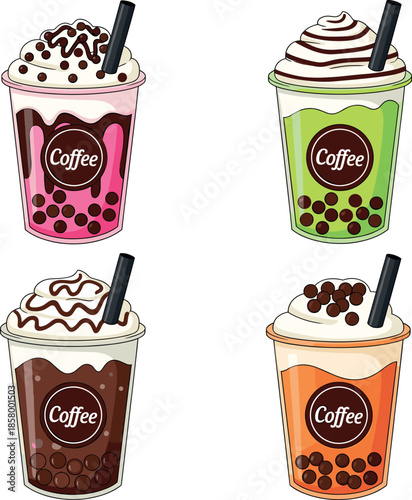 Set of four colorful bubble tea or frappe coffee drinks vector illustration, topped with whipped cream, chocolate drizzle, and tapioca pearls for sweet cafe menu.