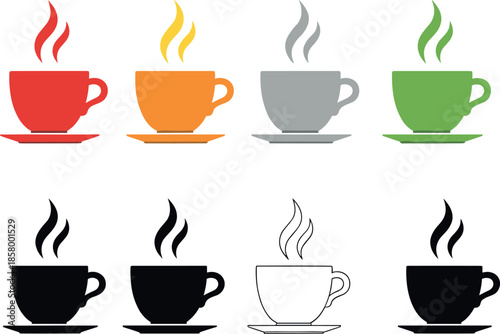 Set of eight colorful and monochrome steaming hot coffee or tea cup icons vector illustration, ideal for café menu, beverage symbols, and website graphics.