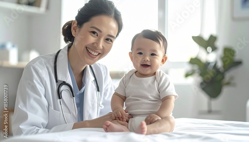 Smiling female doctor with stethoscope around her neck sitting with a happy baby on a medical examination table in a bright clinic room.