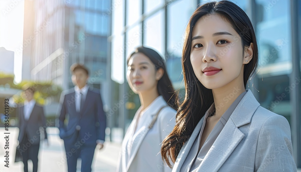 Fototapeta premium Confident Asian Businesswoman Leading Her Team in a Modern Cityscape.