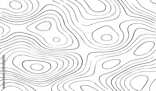 Black and White Topographic Map with Elevation Contour Lines. High-Detail Vector Illustration for Cartography and Design Use.