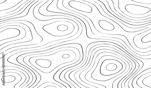 Black and White Topographic Map with Elevation Contour Lines. High-Detail Vector Illustration for Cartography and Design Use.