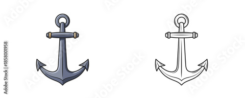Hand-drawn maritime anchors in comic style one in dark metallic grey and one black and white outline representing sea equipment on an isolated white background