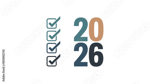 An illustration featuring a checklist with a completed task in the year 2026. 
