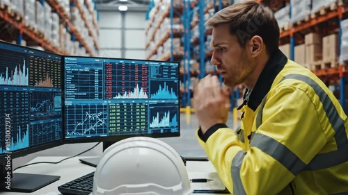 Worker in yellow vest overwhelmed by data displays in warehouse
