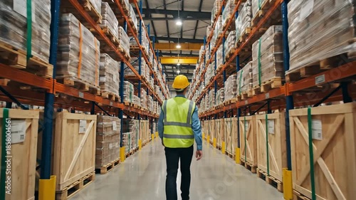 Worker inspecting inventory in a large warehouse storage facility