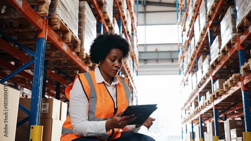 Worker inspecting inventory in warehouse storage aisles