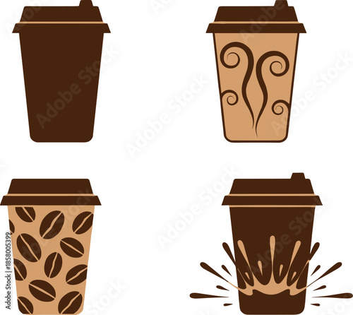 Set of four disposable takeaway coffee cups vector illustration, featuring various designs like bean pattern, steam aroma, and liquid splash for cafe branding and packaging.