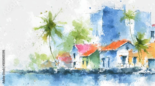 Captivating Watercolor Painting of Old San Juan's Coastal Charm Featuring Lush Palm Trees on a Sunny Day