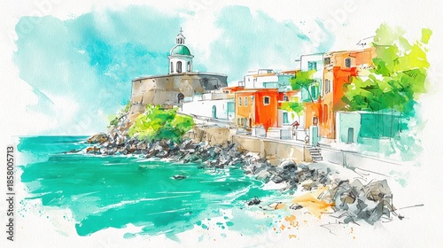 Charming Watercolor Sketch of Coastal Small Town Featuring Old San Juan Cathedral and Colonial Architecture by the Ocean