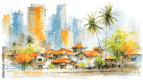 Enchanting Watercolor Cityscape of Old San Juan with Lush Palm Trees and Captivating Tropical Greenery