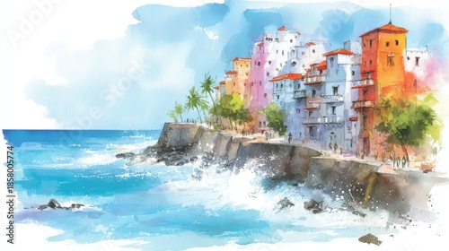 Vibrant Watercolor Artwork of Lively Beach Houses Bathed in Sunlight and Coastal Charm