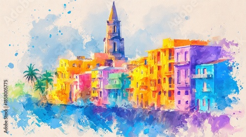 Stunning Watercolor Painting of Old San Juan Skyline Featuring a Majestic Church Tower and Vibrant Facades