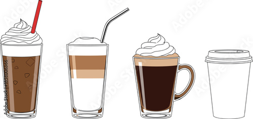 Set of four diverse coffee drinks vector illustration, featuring iced coffee, layered latte macchiato, whipped cream mug, and takeaway cup for cafe menu variety.