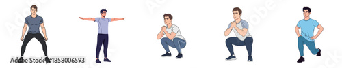 Fitness Exercise Male Bodyweight Workout Training Pose Set Flat Vector