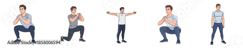 Exercise Workout Male Bodyweight Fitness Training Poses Flat Vector Illustration