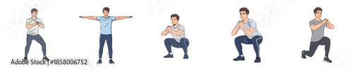 Fitness Workout Male Bodyweight Training Poses Set Flat Vector Illustration
