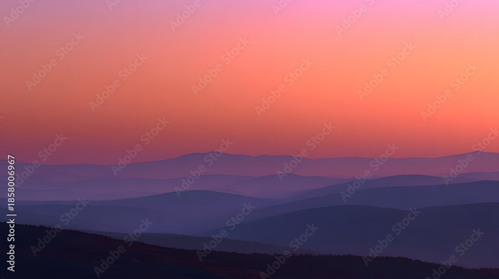 Obraz premium Vibrant Sunset Over Rolling Hills - A Serene Landscape of Colors and Shadows.