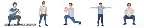 Workout Exercise Male Bodyweight Training Movement Set Flat Vector Illustration