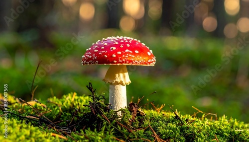 A vibrant, spotted red-capped mushroom stands out against a backdrop of mossy forest floor, with soft bokeh background