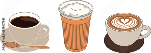 Set of three popular coffee drinks vector illustration: black coffee, iced beverage with cream, and latte with heart art, representing cafe variety and menu options.