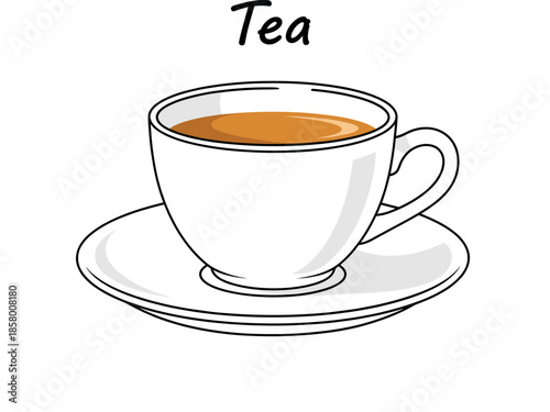 Simple line art vector illustration of a hot cup of tea or coffee on a saucer, representing morning ritual, beverage break, and minimalist café menu item.