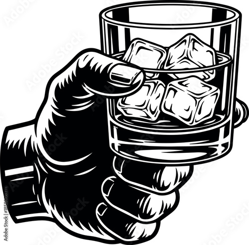 Strong Vintage Black and White Vector Illustration: A Man's Hand Gripping a Tumbler Glass of Whiskey on the Rocks for Bar Menus, Cheers, and Party Concepts