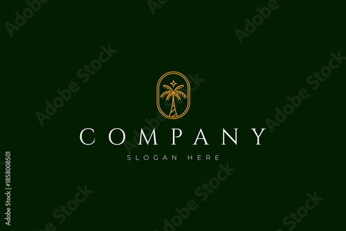 tropical palm tree logo with luxurious gold colors in an oval frame with a line art design style suitable for hotels, restaurants, villas, and others.