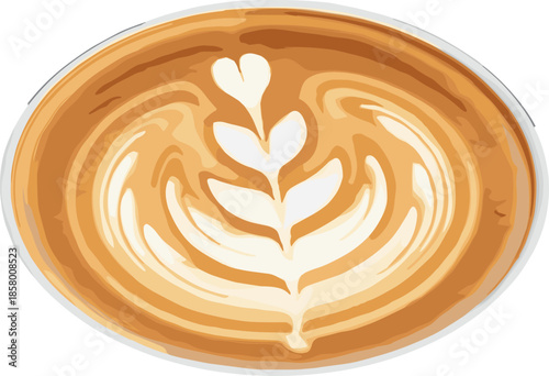 Top view close-up vector illustration of a perfect Rosetta pattern latte art design, representing high-quality café beverage, barista skills, and coffee passion.