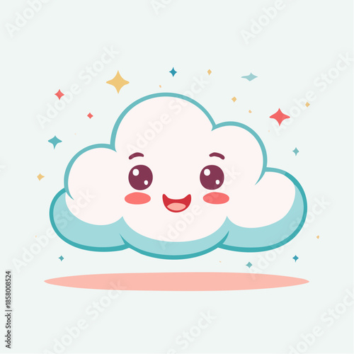 Cute cartoon cloud with a happy face and colorful stars.