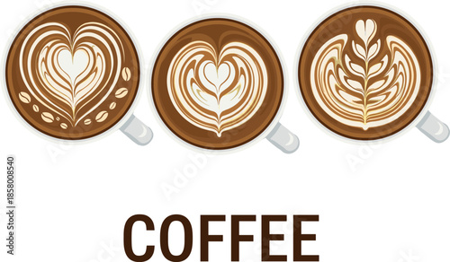 Top-down vector illustration set of three white coffee cups featuring beautiful and intricate latte art patterns: two different hearts and a classic rosetta tulip design.