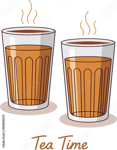 Traditional Indian Masala Chai tea time vector illustration, showcasing two glasses of hot spiced beverage for authentic South Asian culture and street food.