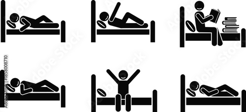 Stick figure person resting in bed sleeping waking up stretching and reading book icons set collection for daily routine flat vector illustration