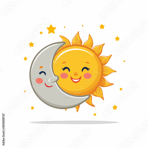 Cartoon illustration of a smiling sun and moon hugging, surrounded by stars.