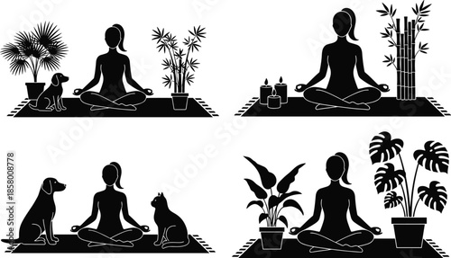 Woman meditating in lotus pose on mat with pets cat dog and houseplants set for wellness home yoga flat vector illustration collection