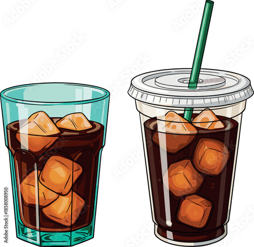 Vector illustration set of two dark iced coffee drinks, showcasing cold brew in a glass and a disposable cup with straw for refreshing summer beverages.