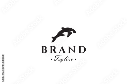 Orca whale logo with a flat black vector design style and distinctive white eyes