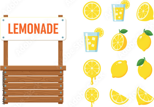 Vector illustration set of wooden lemonade stand and lemon icons, featuring citrus fruit, fresh slices, and iced drink for summer fair and street food concepts.