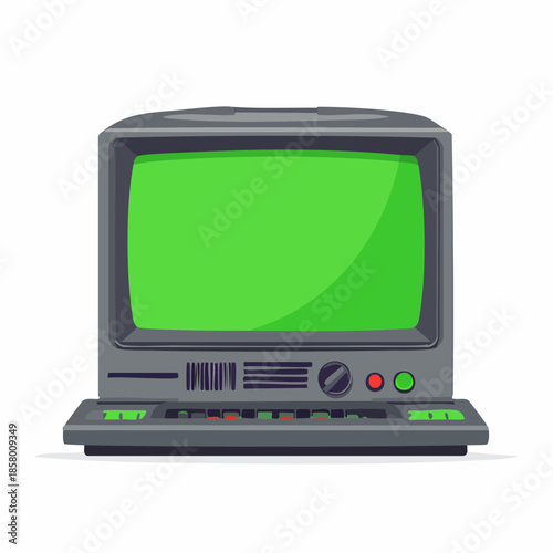 Retro computer with green screen and keyboard, vintage technology illustration.