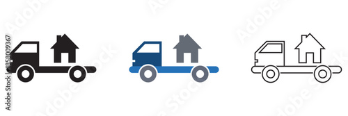 Home Moving and Relocation Icon . Flat and outline  vector icons illustrating house moving, home relocation, and logistics services .

