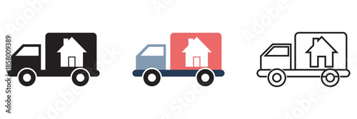 Home Moving and Relocation Icon . Flat and outline  vector icons illustrating house moving, home relocation, and logistics services .

