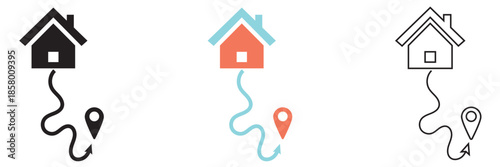 Home Moving and Relocation Icon . Flat and outline  vector icons illustrating house moving, home relocation, and logistics services .

