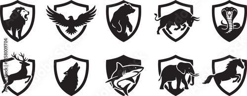 Set of silhouette animals on shield in vector graphic illustration design on plain background