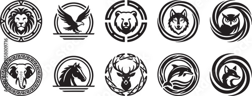 Collection of various animal head logos in circle design vector art illustration
