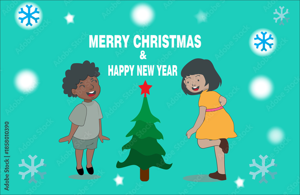 Fototapeta premium happy family with christmas tree, children, smilling, happy holiday, merry christmas, vectors, ilustration, winter snow, snow flake