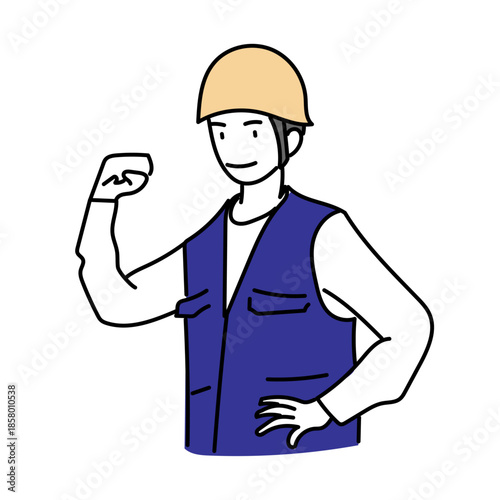 力仕事に自信を持つ作業員の男性が腕を曲げてポーズを取るイラスト素材｜建設現場や安全教育をイメージしたシンプルで親しみやすい人物表現