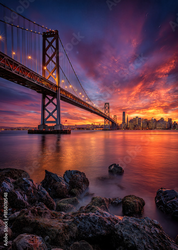 Brilliant hues of orange, pink, and purple fill the sky as the sun sets behind the city’s skyline. Beneath the bridge, calm waters reflect the stunning spectacle, creating a magical ambiance.