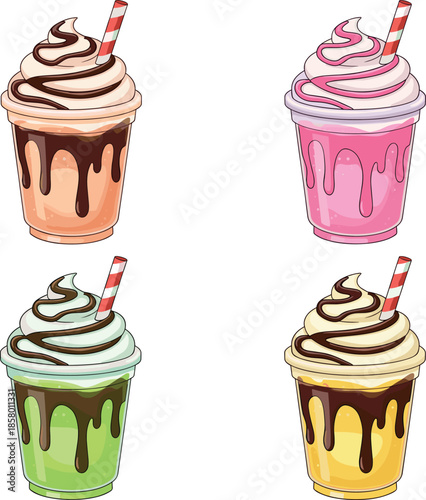 Vibrant vector illustration set of four takeaway frappe or milkshake flavors: peach, strawberry, mint green, and lemon yellow, all topped with whipped cream and chocolate drizzle.